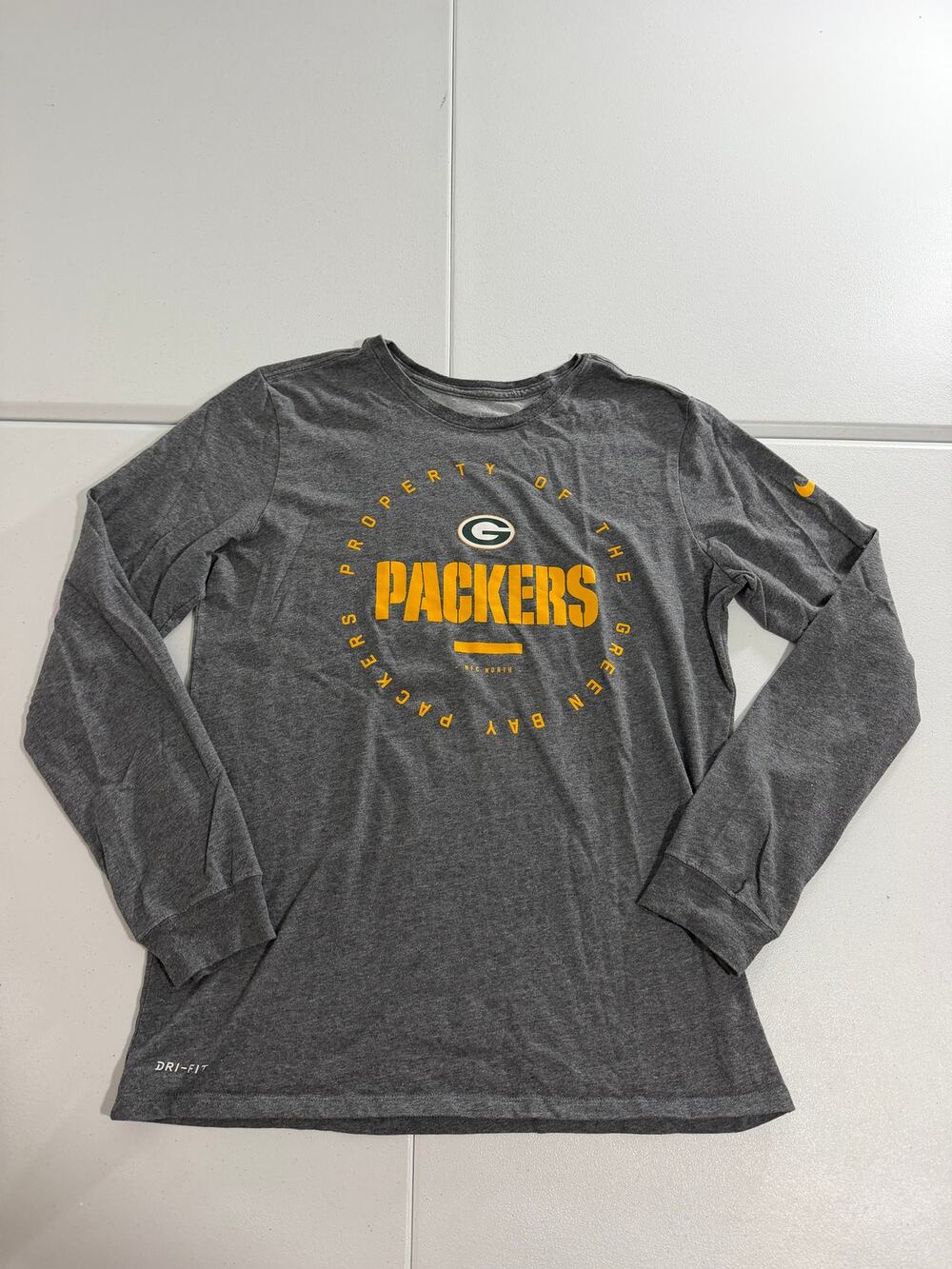 Nike Green Bay Packers Mens Dri-FIT Long Sleeve Shirt M Gray Gold NFL Tee